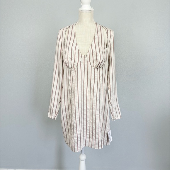 ASOS Striped Cutout Long sleeve Linen Blend Dress Cream Burgundy Sz 12 - Picture 1 of 8